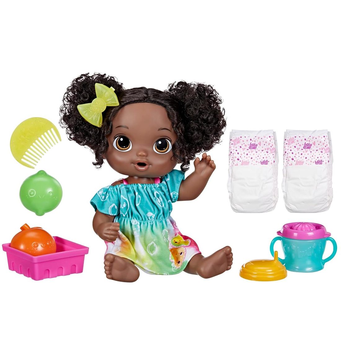Fruity Sips Doll, Black Hair Baby Alive doll set